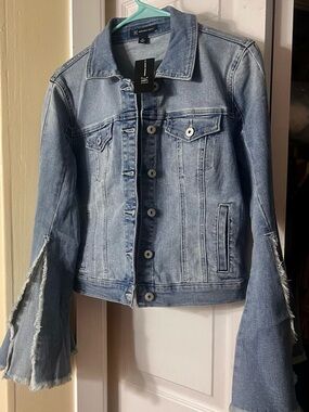 INC International Concepts Light Blue Denim Jacket with Frayed Bell Sleeves